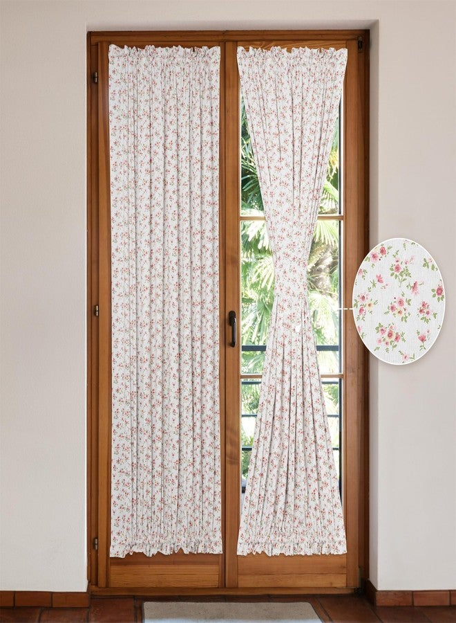 Moslovstar Linen French Door Curtains Set of 2, Elegant Country Style Little Pink Flower Front Door Curtain Dual Rod Pocket Tiebacks Included, 54" W x 72" L - Image 1